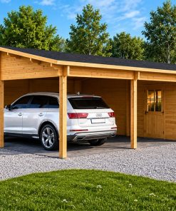 Carport Double Tivoli avec Studio en Bois (5,95 × 9,50 m – Madriers 44 mm)