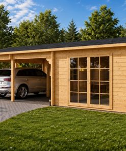 Carport Double Tivoli avec Studio en Bois (5,95 × 9,50 m – Madriers 44 mm)