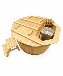Bain nordique en bois avec poêle interne non intégré. Profitez d’une eau chaude toute l’année. Idéal jardin, spa et détente naturelle.