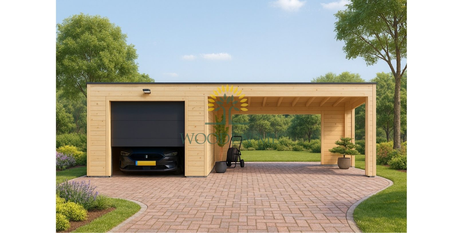 Garage BIZON 24 m² + Carport 36 m² – 44 mm + 100 mm + 19 mm