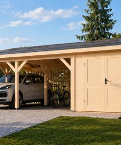 Abri voiture double bois 44 mm avec rangement | 5,7×7,9 m